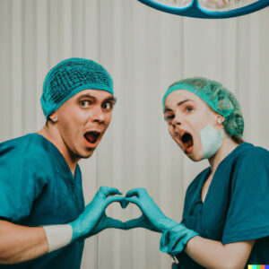 A comedic photo of two doctors in surgery trying to save a patient but ultimately fall in love