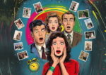 Lady in red dress shocked, with 2 men and a woman in the background with surprised looks. Around them spins polaroid photos of people with a swirling coloured background to indicate time travel.