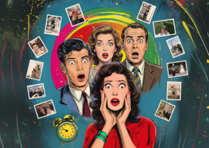 Lady in red dress shocked, with 2 men and a woman in the background with surprised looks. Around them spins polaroid photos of people with a swirling coloured background to indicate time travel.