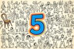The number 5, surrounded by line drawn charcters doing activities