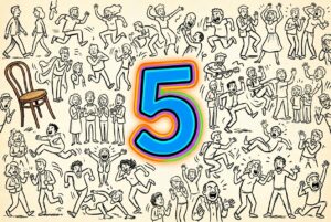 The number 5, surrounded by line drawn charcters doing activities