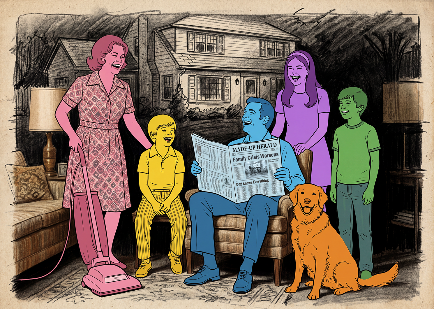 Stock sitcom family with mum and dad, three kids and a dog. Each is in a different flat colour to represent they are a template for the audience created characters. In the background is a black pencil drawing of a house at night.