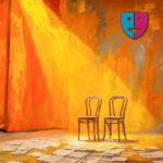 Two chairs on a yellow and orange curtain backed stage, with random pages of text scattered around them.
