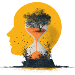 A head with an hour glass and trees growing inside it