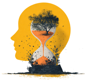 A head with an hour glass and trees growing inside it