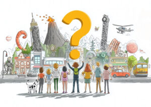 Eight people looking at crazy town in the distance