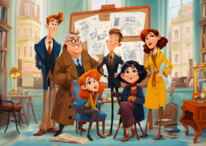 Group of detectives in front of an evidence board, looking into the camera