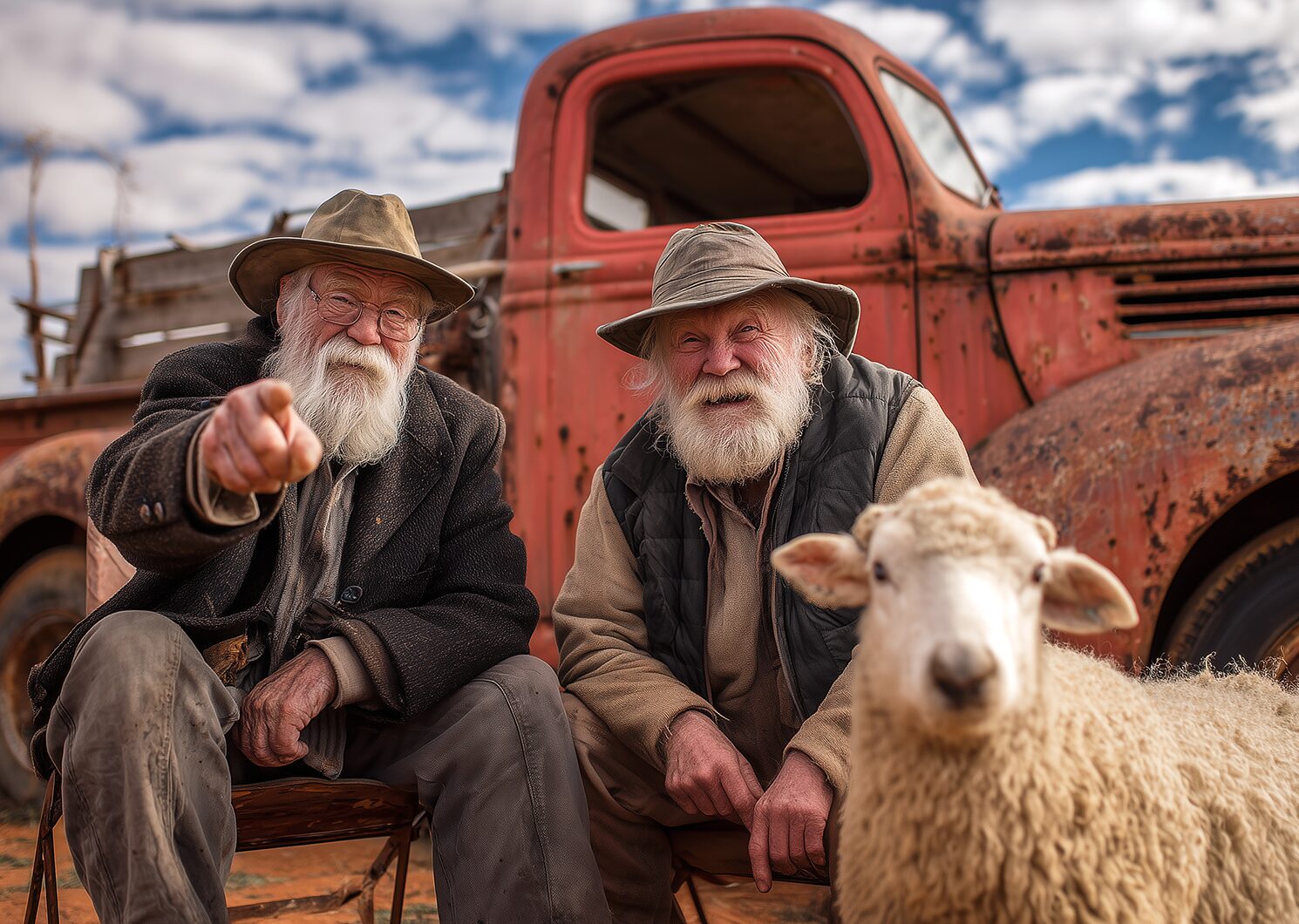 Two old men sitting in front of a rusty old ute. A sheep is standing in the foreground.